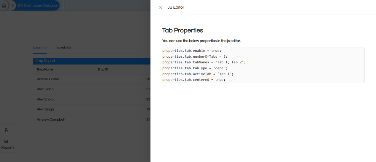 Change component (Text, Image, and Tab) properties in the Dashboard Designer using JS