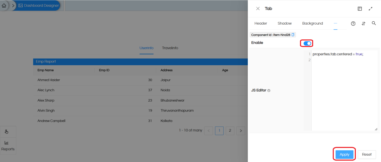 Change component (Text, Image, and Tab) properties in the Dashboard Designer using JS