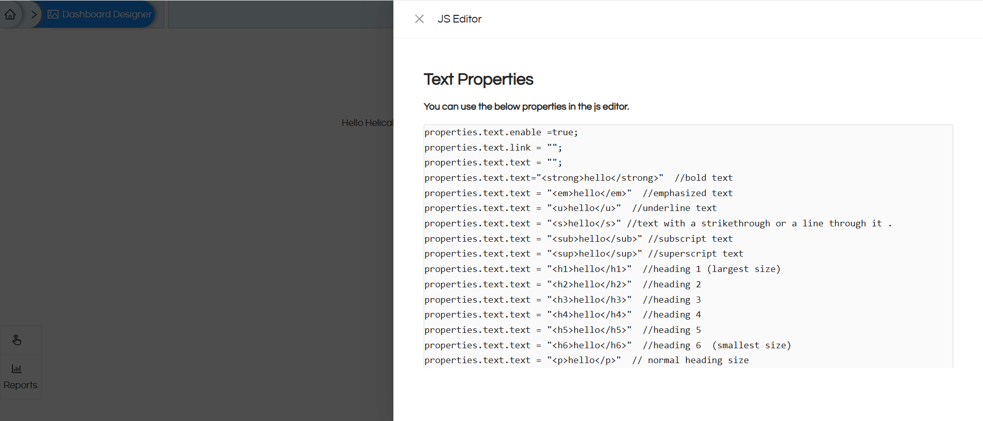 Change component (Text, Image, and Tab) properties in the Dashboard Designer using JS