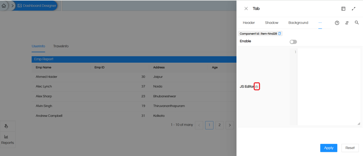 Change component (Text, Image, and Tab) properties in the Dashboard Designer using JS