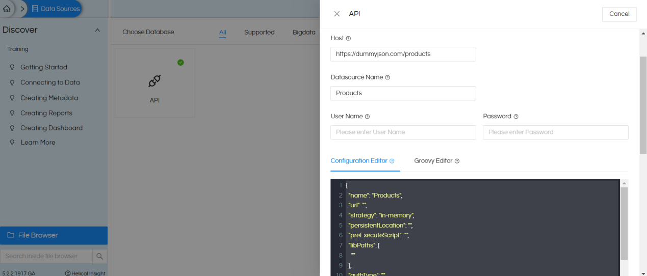 Connect and use an API as a data source in Helical Insight 5.0