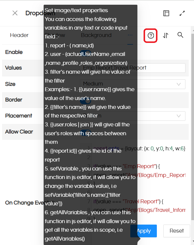 Dropdown component in the Dashboard Designer