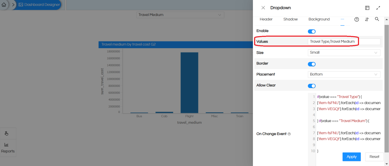 Dynamic hide / show a report based on a drop down with limited values