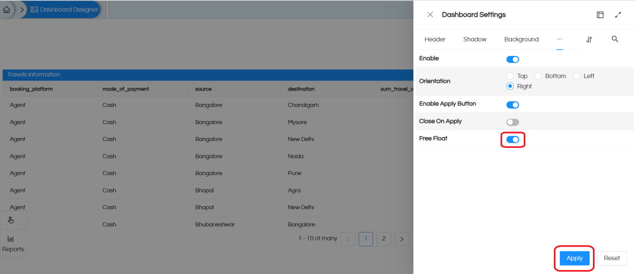 Free float filter component & Dashboard Designer 5.2.2 Onwards