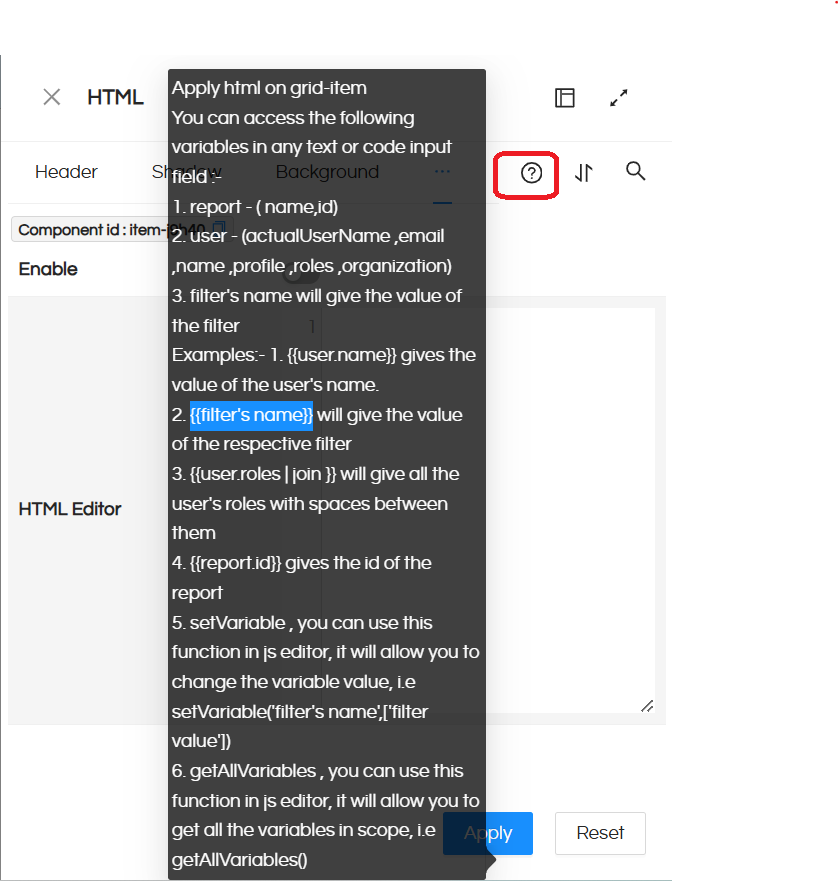 HTML component in the Dashboard Designer