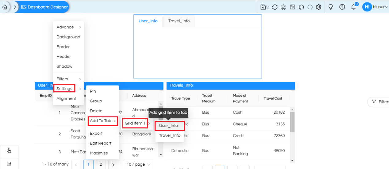 Implementation of the tab view in the Dashboard Designer