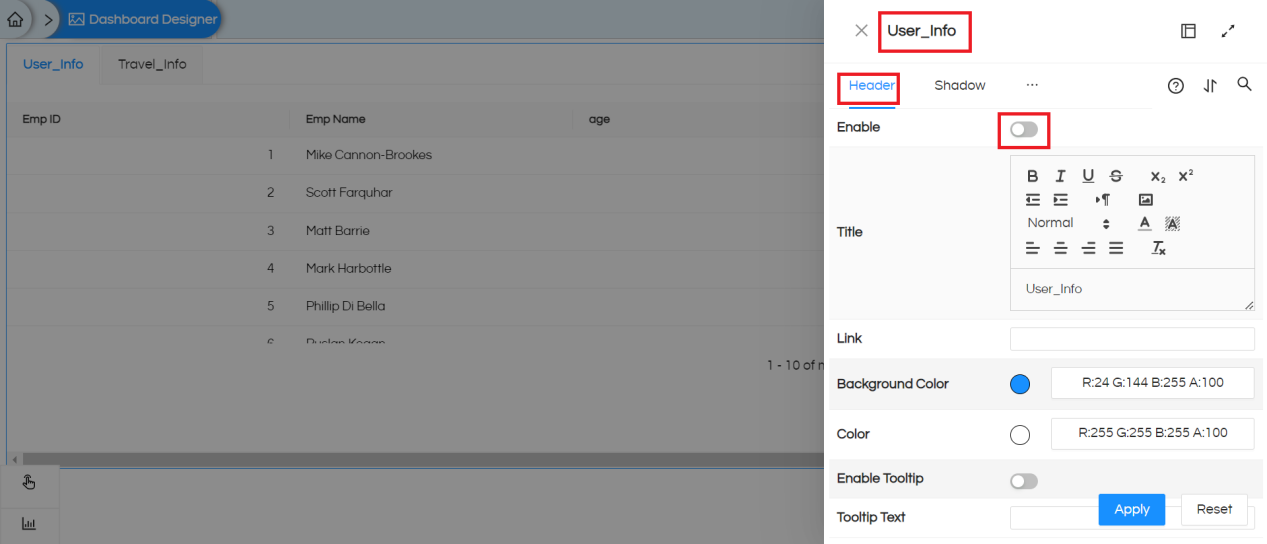 Implementation of the tab view in the Dashboard Designer