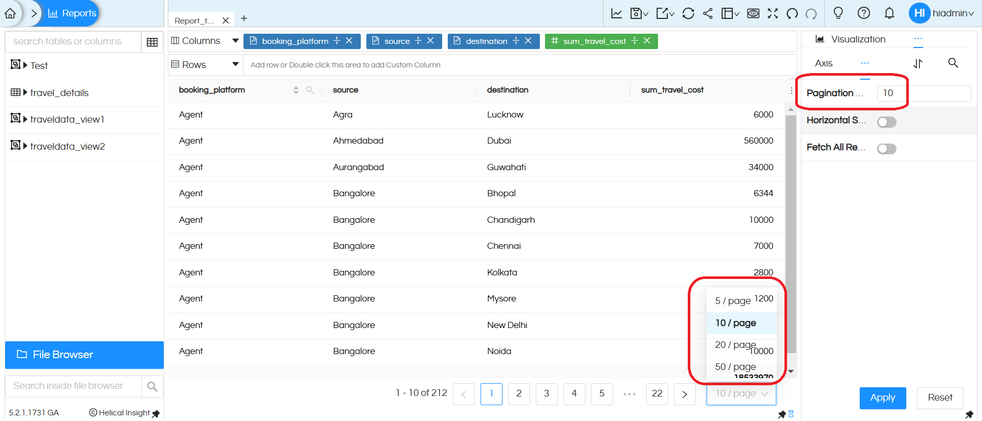 Table: Pagination Feature usage in table