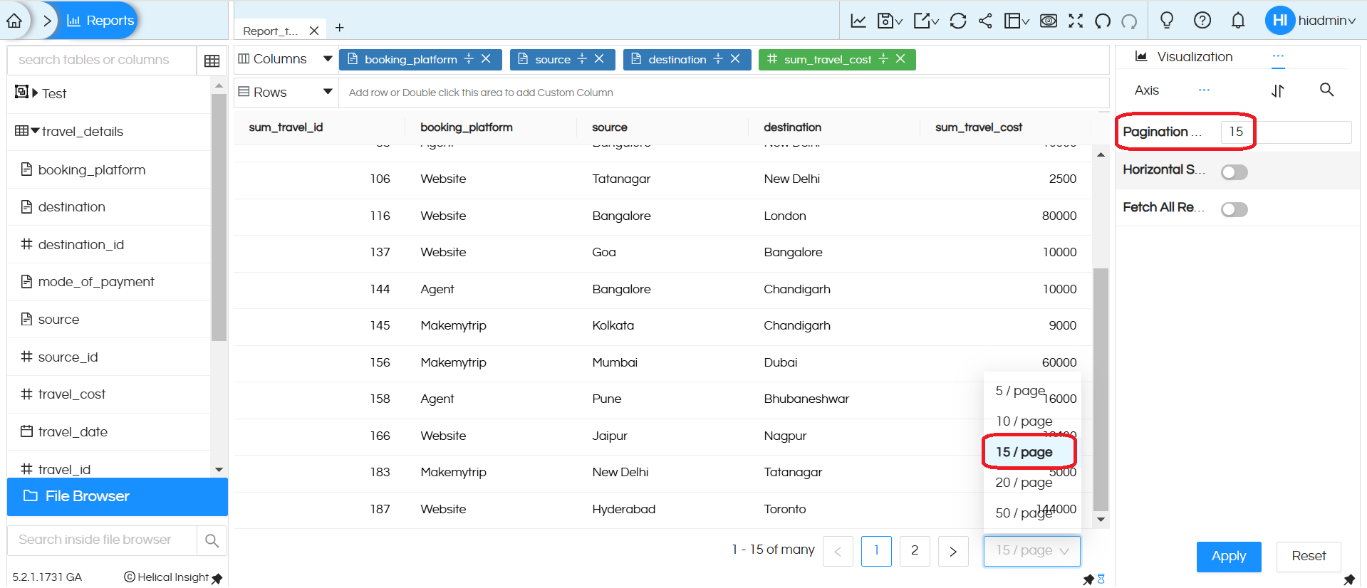 Table: Pagination Feature usage in table