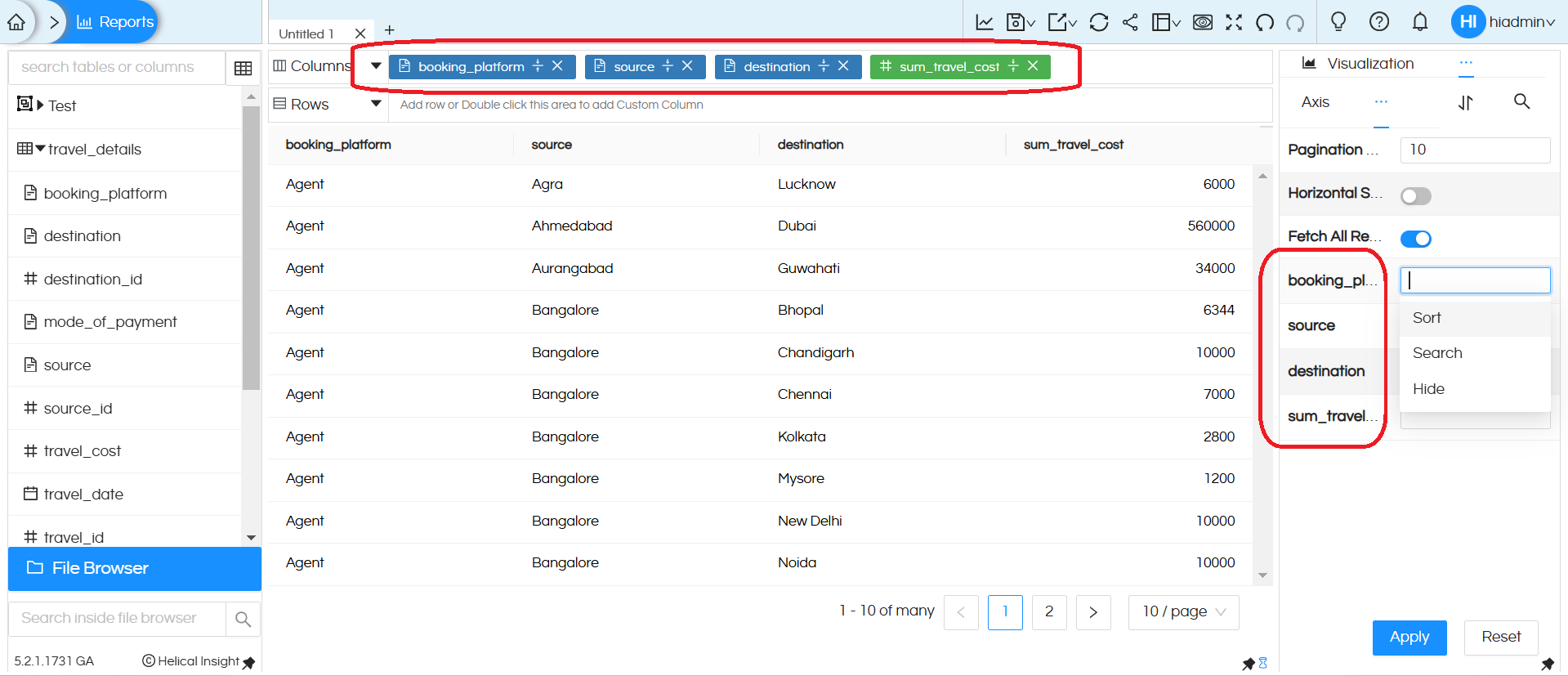 Table: UI-driven searching, sorting and column total